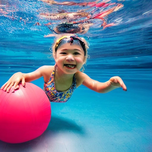 a little girl swimming and have big ball