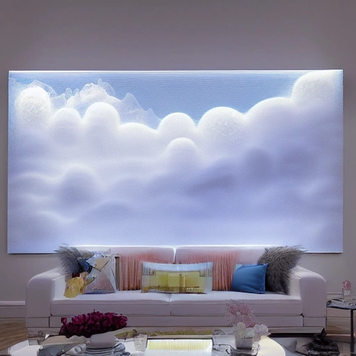 elegant white building with flowing clouds britannia, wavy resin sheets, zen-like tranquility, use of fabric, luminous lighting, 3D