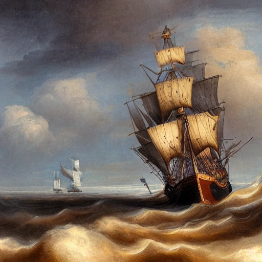 18th Century Sailing Ship - Generate a close-up image of a three-deck Spanish sailing ship after the naval battle, floating above the turbulent colorful clouds in a sea with waves. the ship has impacts from cannon fire, shattered sails, pieces of wood. The ship is surrounded by thick, dense fog, and the image should convey a sense of isolation and desolation. The ship must feature intricate details, broken masts, broken sails, running sailors, injured and dead other sailors., Water Color