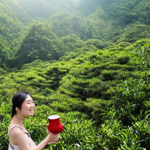 a beautiful Chinese girl, 25 years old, medium dark brown hair, big eyes, pointed chin, wearing a white dress and standing in the tea mountain with short tea trees surrounded. under the soft sunshine, the girl is smelling one piece of tea leaf and smiling.