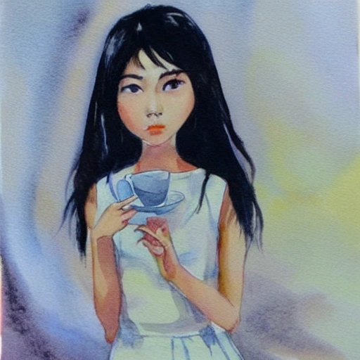 a beautiful Asian girl. big eyes, medium dark brown hair, wearing a white dress and drinking a cup of tea.
, Water Color