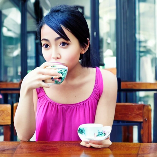 a beautiful Asian girl. big eyes, medium dark brown hair, wearing a white dress and drinking a cup of tea in a cafe,
, 3D