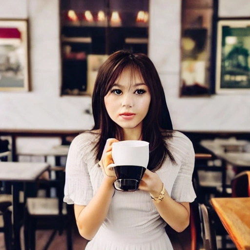 a beautiful Asian girl. big eyes, medium dark brown hair, wearing a white color dress and drinking a cup of tea in a cafe,
, 3D