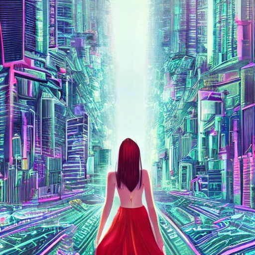 Behold a mesmerizing sight of a young woman amongst a high-tech futuristic cityscape, bursting with vibrant and extreme details." --ar 9:16 