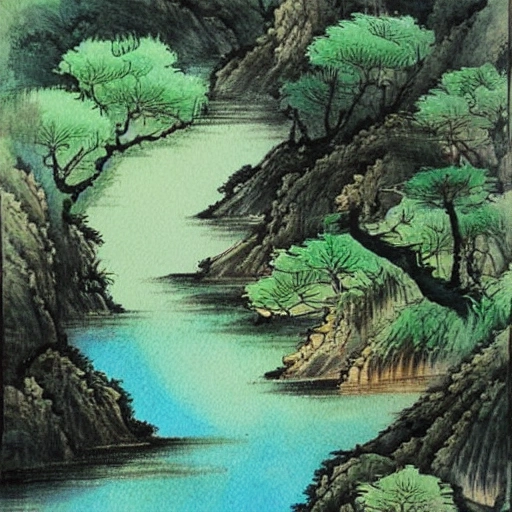 chinese art river forest，, Water Color