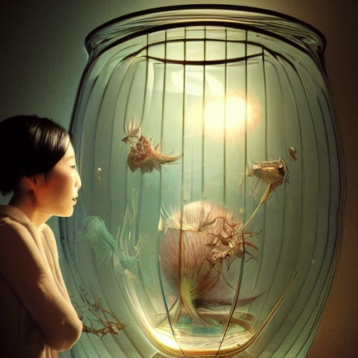 a japanese woman looking at tiny people inside a glass jar. Highly detailed photo realistic digital artwork. High definition. Android Jones" and tom bagshaw, BiggalsOctane render, volumetric lighting, shadow effect, insanely detailed and intricate, photorealistic, highly detailed, artstation by WLOP, by artgerm


, 3D, Pencil Sketch, Water Color