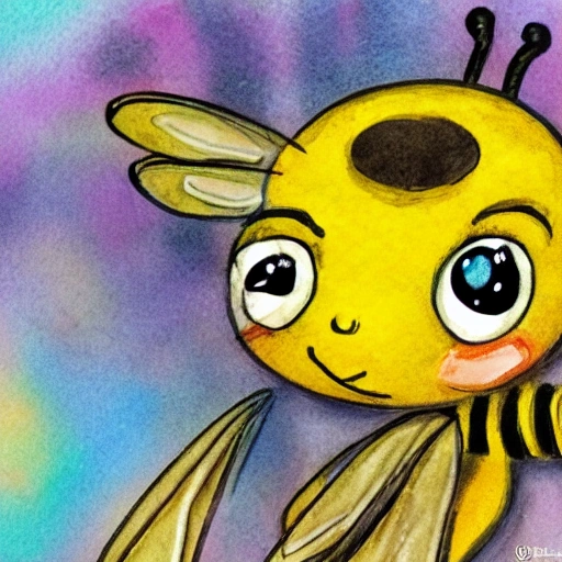 little bee with big cute eyes and wings, Cartoon, Water Color