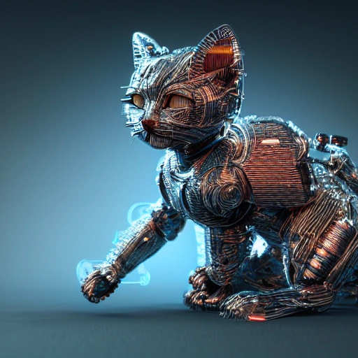 , 3DA hyper-detailed complex 3d render of a cute cyborg kitten made out of metal, glowing cinematic, detailed wire, vibrant details, unreal engine, octane render, cinematic shot, flawless detail, award-winning, expertly crafted, meticulously composed photography, creative, 8k, rim light, dynamic lighting, 3D