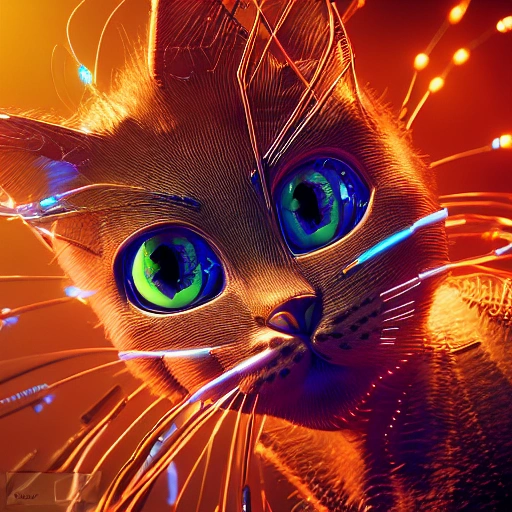 , 3DA hyper-detailed complex 3d render of a cute cyborg kitten made out of metal, glowing cinematic, detailed wire, vibrant details, unreal engine, octane render, cinematic shot, flawless detail, award-winning, expertly crafted, meticulously composed photography, creative, 8k, rim light, dynamic lighting, 3D, Trippy, Cartoon