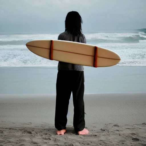 Long-haired Japanese man with surfboard Slippers Beach pants Film sense Soft light