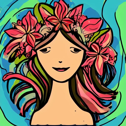 The girl with the petals in her hair, smile, Cartoon, Trippy