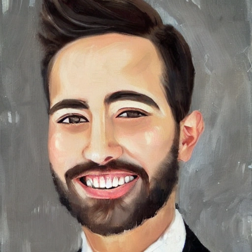 Man, brown short hair, have a little bit full beard, beautiful brown eyes, black suit, sexy lips, happy smile, Oil Painting