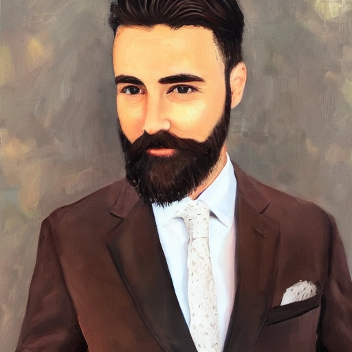 Man, brown short hair, have a little bit full beard, beautiful brown eyes, black suit, sexy lips, happy smile, Oil Painting