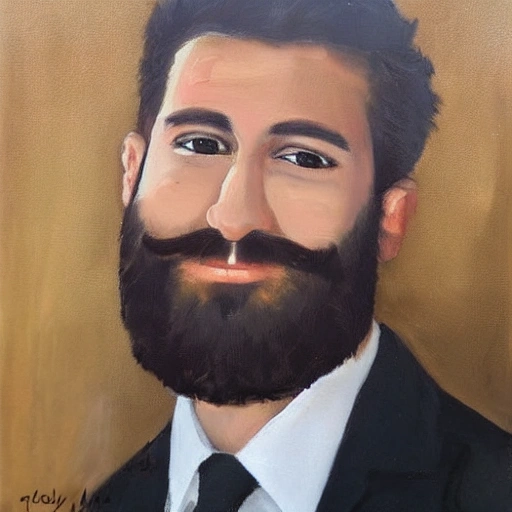 Man, brown short hair, have a little bit full beard, beautiful brown eyes, black suit, sexy lips, happy smile, Oil Painting