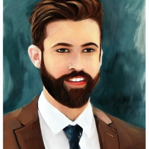 Man, brown short hair, have a little bit full beard, beautiful brown eyes, black suit, sexy lips, happy smile, Oil Painting