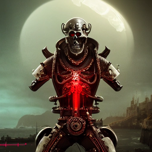 Film Noir style full body majestic ornate matte black cyberpunk cyborg skull Pirate king with glowing red eyes, standing on an ominous pirate ship with sea in the background, 3D octane render, metal gear integrated with skull and bones, biomechanical futuristic body body, highly detailed symmetrical face, creative masterpiece by james jean, Patrick Woodroffe, carved ivory and rusted heraldic metal armor, grimdark, dark reflections, leather, gears, beautiful gradient, depth of field, neoprene, behance contest winner, portrait featured on unsplash, stylized digital art, smooth, TanvirTamim, ultra high definition, 8k, unreal engine 5, ultra sharp focus, intricate artwork masterpiece, ominous, epic, trending on artstation, Epic cinematic brilliant stunning intricate meticulously detailed dramatic atmospheric maximalist digital matte painting, 3D