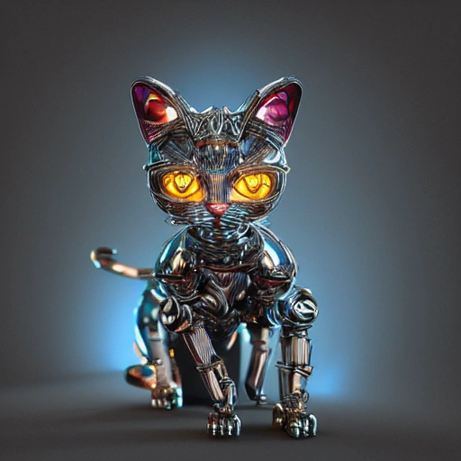 , 3DA hyper-detailed complex 3d render of a cute cyborg kitten made out of metal, glowing cinematic, detailed wire, vibrant details, unreal engine, octane render, cinematic shot, flawless detail, award-winning, expertly crafted, meticulously composed photography, creative, 8k, rim light, dynamic lighting, 3D, Trippy, Cartoon, Oil Painting