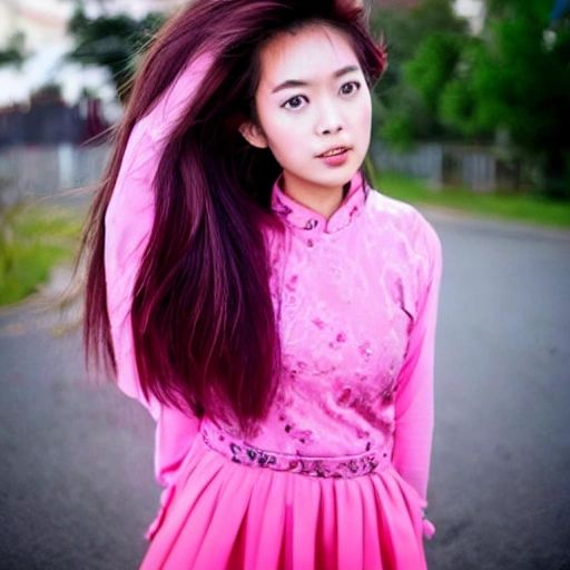 a beautiful asian girl with blown hair and pink clothes