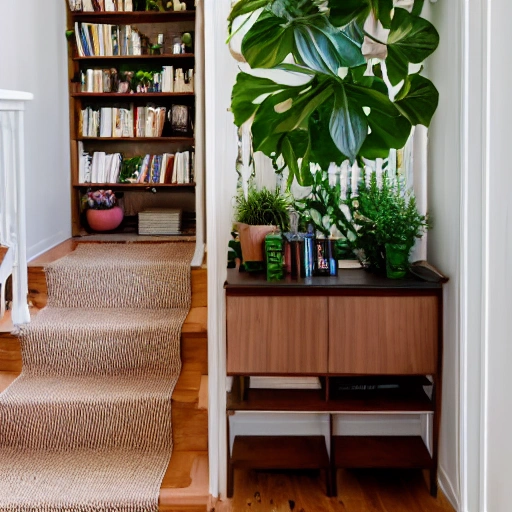 brown foyer with lots of tiny plants, egg rug, and staircase bookshelf

