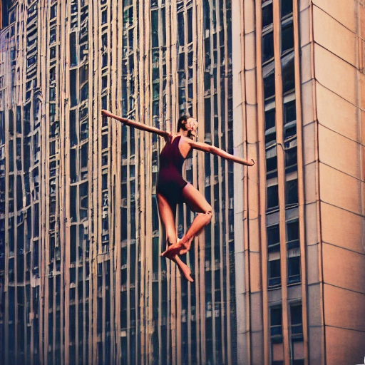 realistic photo like human wood toy funambulist woman dancer in the line between two buildings
