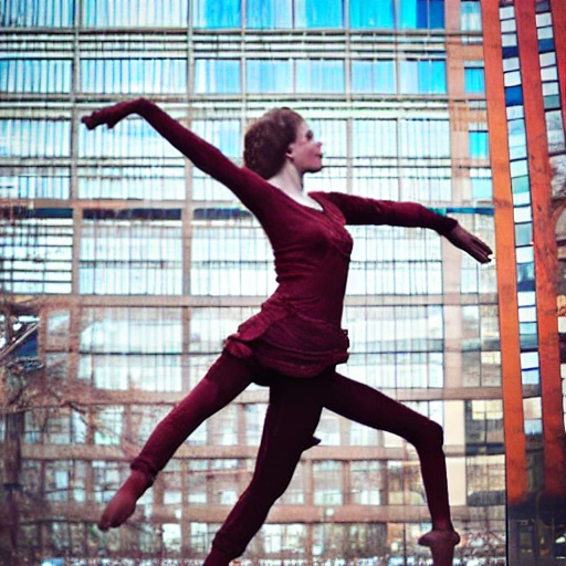 realistic photo human wood toy funambulist woman dancer in the line between two buildings
