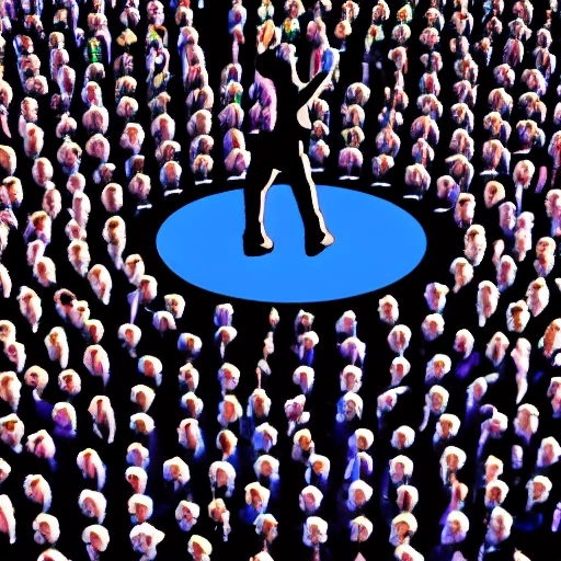 Create an image of a crowd viewed from above, where all individuals are dressed in black and have the appearance of shadows. In the center of the image, a single person stands out with a neon-blue silhouette.