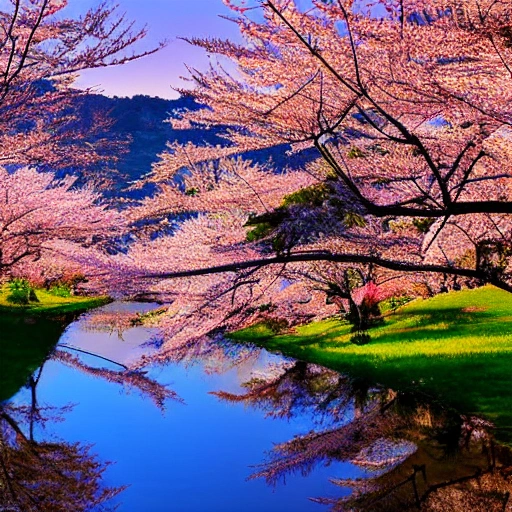 A warm breeze blows as the sun rises over the rolling hills, painting the landscape with shades of pink and orange. Cherry blossoms bloom, adding delicate splashes of pink and white to the scenery. The air is filled with the sound of chirping birds, and the sweet scent of blooming flowers. In the distance, a stream flows peacefully, reflecting the brilliant colors of the morning sky. The overall atmosphere is reminiscent of a Studio Ghibli movie, with its enchanting and magical feel., Cartoon