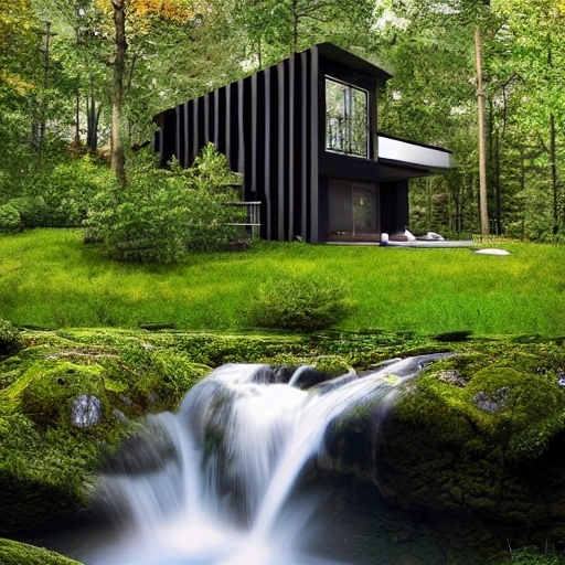 a beautiful modern and very contemporary house made of dark wood, in the middle of a swedish green forest, with a waterfall and a river close by. Photographic style. High details. very realistic. 8k, full details. --ar 16:9 --uplight --s 750 --v 5