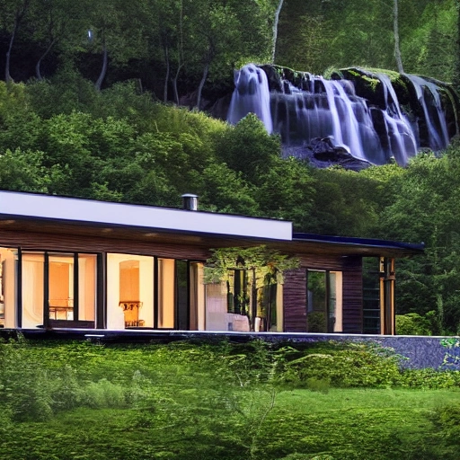 a beautiful modern and very contemporary house made of dark wood, in the middle of a swedish green forest, with a waterfall and a river close by. Photographic style. High details. very realistic. 8k, full details. --ar 16:9 --uplight --s 750 --v 5