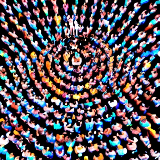 Create an image of a crowd viewed from above, where all individuals are dressed in black and have the appearance of shadows. In the center of the image, a single person stands out with a neon-blue silhouette, Trippy