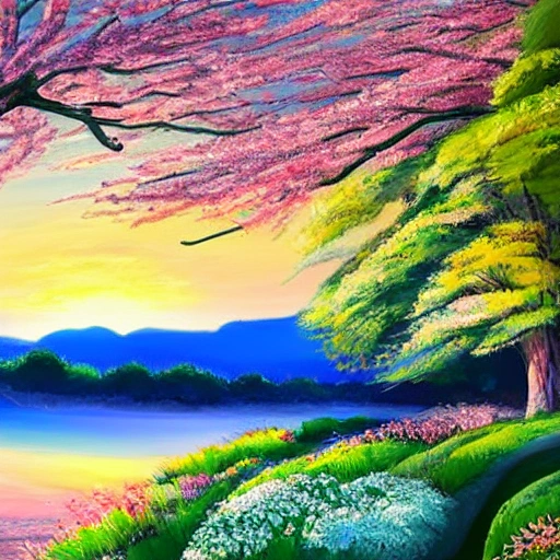 A warm breeze blows as the sun rises over the rolling hills, painting the landscape with shades of pink and orange. Cherry blossoms bloom, adding delicate splashes of pink and white to the scenery. The air is filled with the sound of chirping birds, and the sweet scent of blooming flowers. In the distance, a stream flows peacefully, reflecting the brilliant colors of the morning sky. The overall atmosphere is reminiscent of a Studio Ghibli movie, with its enchanting and magical feel., Cartoon