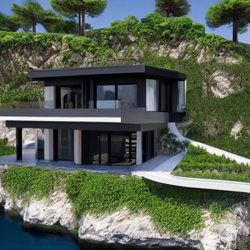 a beautiful modern and very contemporary house made of dark wood, in the middle of a spanish mediterranean coast, with a waterfall and a river close by. Photographic style. High details. very realistic. 8k, full details. --ar 16:9 --uplight --s 750 --v 5