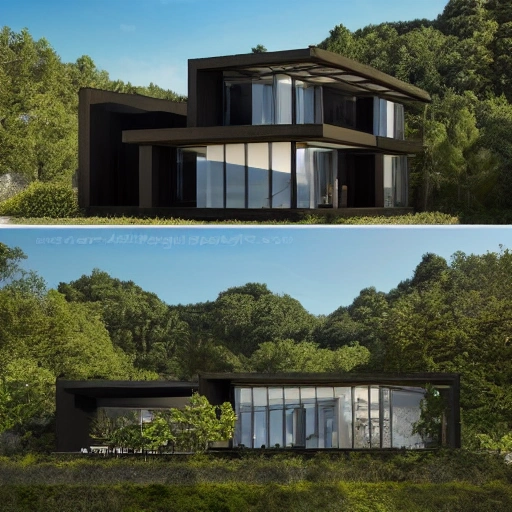 a beautiful modern and very contemporary house made of dark wood, in the middle of a spanish mediterranean coast, with a waterfall and a river close by. Photographic style. High details. very realistic. 8k, full details. --ar 16:9 --uplight --s 750 --v 5, 3D