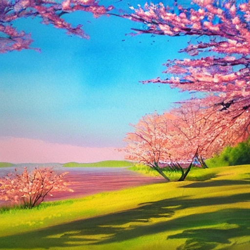 A warm breeze blows as the sun rises over the rolling hills, painting the landscape with shades of pink and orange. Cherry blossoms bloom, adding delicate splashes of pink and white to the scenery. The air is filled with the sound of chirping birds, and the sweet scent of blooming flowers. In the distance, a stream flows peacefully, reflecting the brilliant colors of the morning sky. The overall atmosphere is reminiscent of a Studio Ghibli movie, with its enchanting and magical feel., Water Color