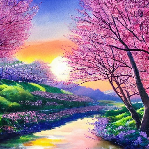 A warm breeze blows as the sun rises over the rolling hills, painting the landscape with shades of pink and orange. Cherry blossoms bloom, adding delicate splashes of pink and white to the scenery. The air is filled with the sound of chirping birds, and the sweet scent of blooming flowers. In the distance, a stream flows peacefully, reflecting the brilliant colors of the morning sky. The overall atmosphere is reminiscent of a Studio Ghibli movie, with its enchanting and magical feel., Water Color, Oil Painting