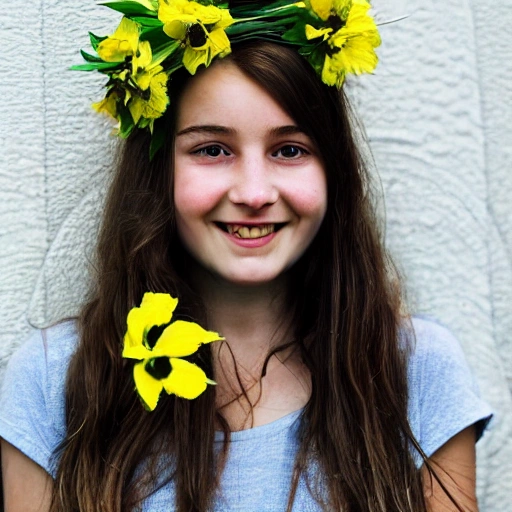 a girl with flowers in her hair, green eyes, and smiling 