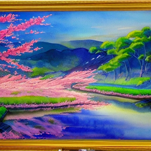 A warm breeze blows as the sun rises over the rolling hills, painting the landscape with shades of pink and orange. Cherry blossoms bloom, adding delicate splashes of pink and white to the scenery. The air is filled with the sound of chirping birds, and the sweet scent of blooming flowers. In the distance, a stream flows peacefully, reflecting the brilliant colors of the morning sky. The overall atmosphere is reminiscent of a Studio Ghibli movie, with its enchanting and magical feel., Water Color, Oil Painting, Cartoon