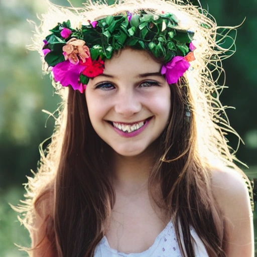 a girl with flowers in her hair, green eyes, and smiling 