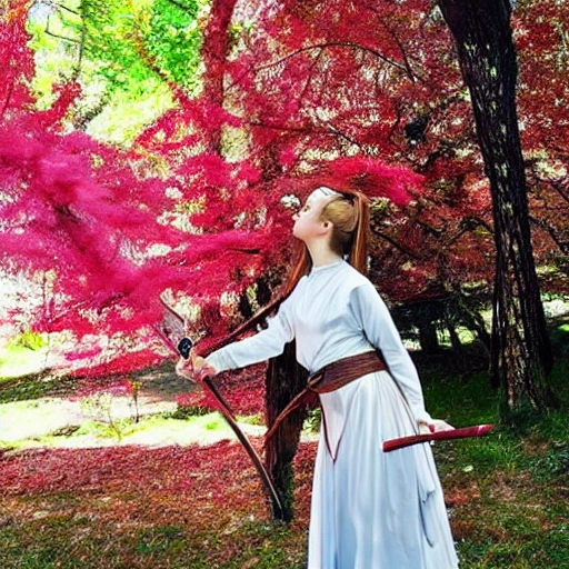 /imagine female warrior standing under a red maple tree, back facing the viewer, holding a sword. She is wearing a white outfit, and her hair and skirt are blowing in the wind.