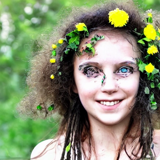 a girl with flowers in her hair, green eyes, and smiling, futuristic post apocalyptic style