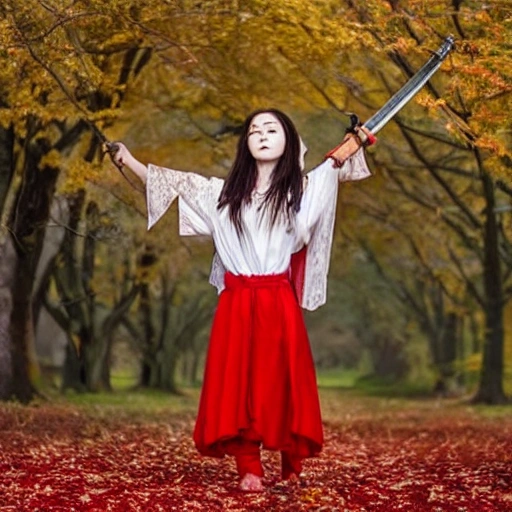 /imagine female warrior standing under a red maple tree, back facing the viewer, holding a sword. She is wearing a white outfit, and her hair and skirt are blowing in the wind., 3D