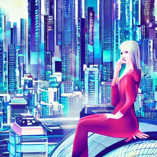 Behold a mesmerizing sight of a young woman amongst a high-tech futuristic cityscape, bursting with vibrant and extreme details.