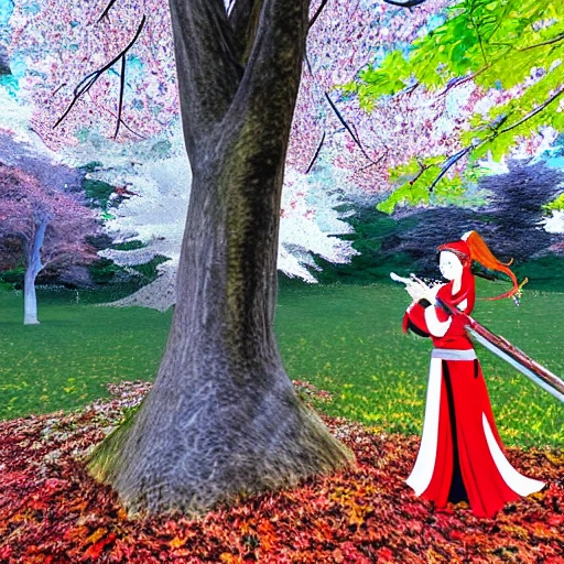 /imagine female warrior standing under a red maple tree, back facing the viewer, holding a sword. She is wearing a white outfit, and her hair and skirt are blowing in the wind., 3D, Cartoon