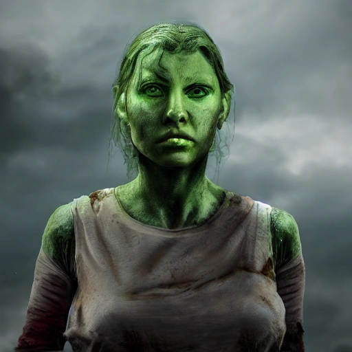 a girl with green eyes, in an apocalyptic world land, 8k, realistic, star wars style