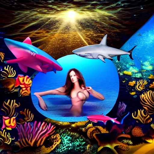 sexy girls , 3D, Trippy,sea,shark