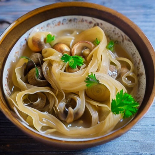 A bowl of snail noodles steaming hot on the table, vintage table