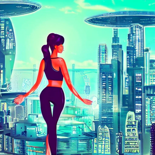 Behold a mesmerizing sight of a young woman amongst a high-tech futuristic city scape, bursting with vibrant and extreme details.