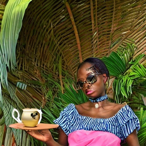 Please add a beautiful woman to introduce me to the rattan tea in the picture, , Trippy