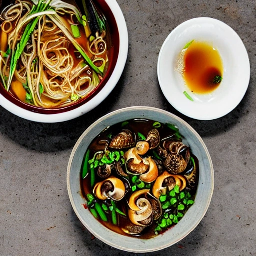 A bowl of snail noodles with rice noodles, sour bamboo shoots, fungus, peanuts, green vegetables, braised eggs, red chili oil