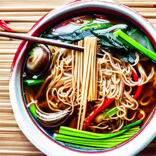 A bowl of snail noodles, with chopsticks, rice noodles, sour bamboo shoots, peanuts, green vegetables, red chili soup